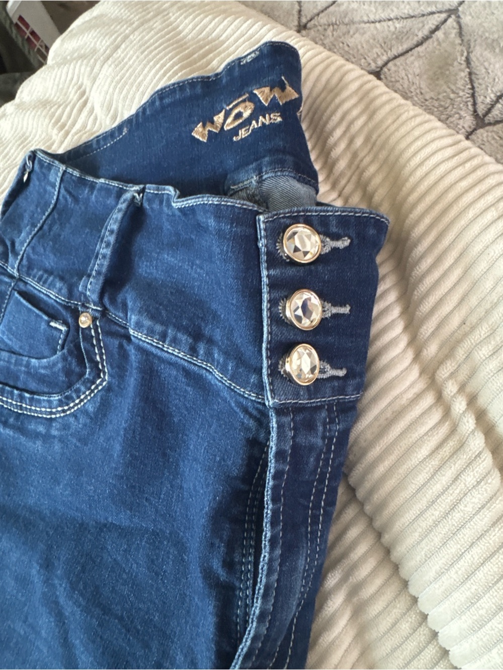 Columbia Navy High-Rise Jeans with Faceted Silver Buttons